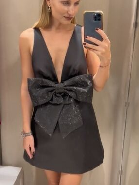 Zara Rhinestone Bow Dress Black Size XS